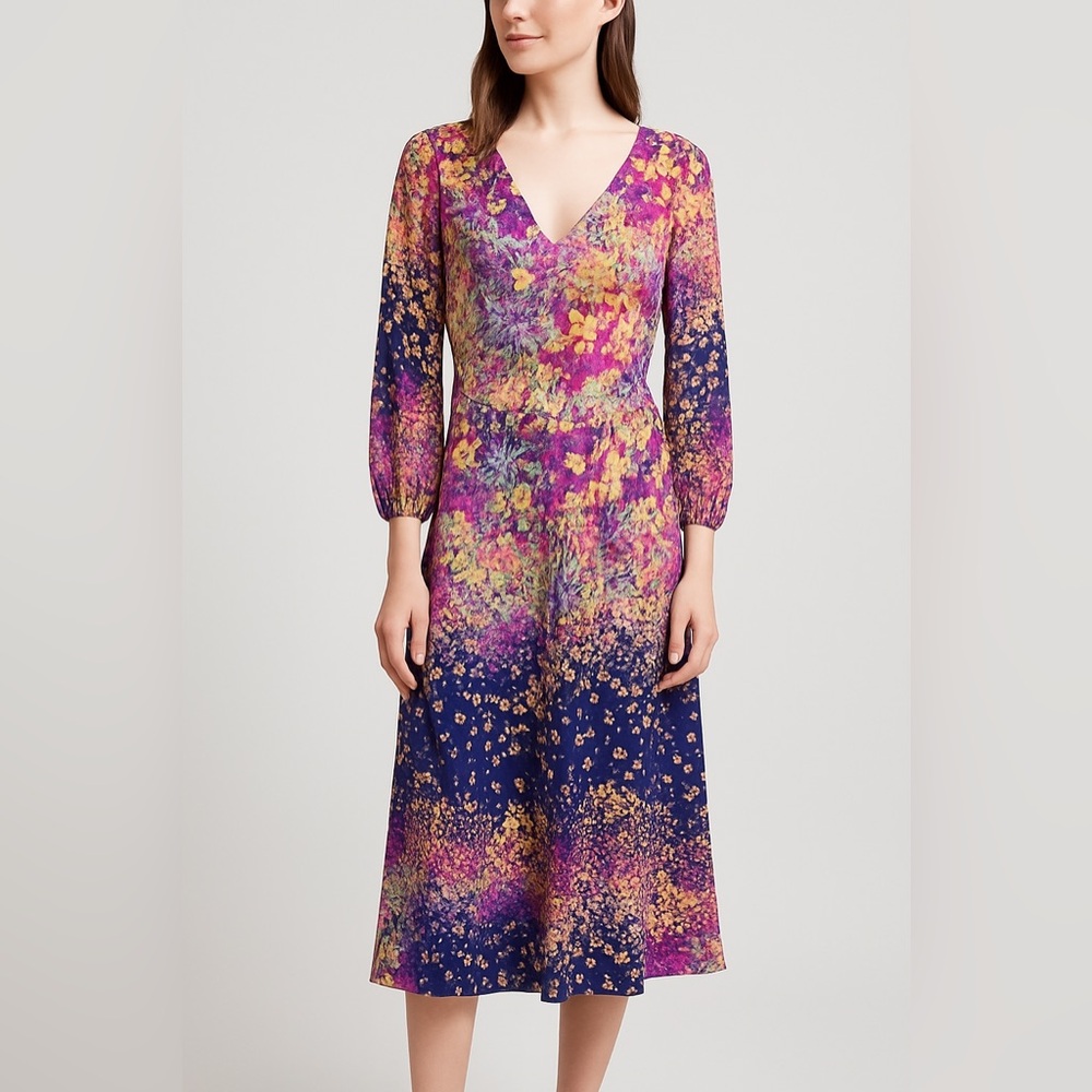 London Times Dress 12 NWT Spring Floral Midi V-Neck 3/4 Sleeve Stretch